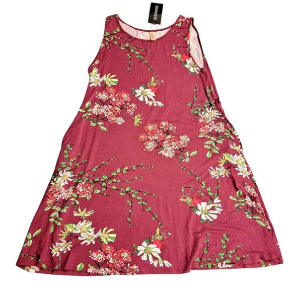 Burgundy NEW! Beach Casual Sleeveless Floral Print Tank Loose Sundress Pockets - Picture 3 of 9